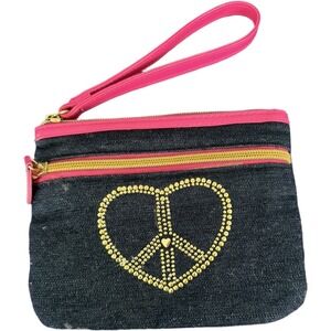 Modella Glam Wristlet Denim Pink Trim Peace Sign 2 Zip Cosmetic Bag Y2K Heart